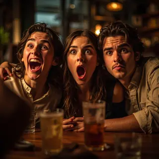 A group of three friends at a table: one laughing with head 