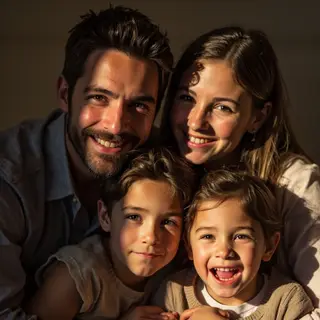 A family photo with four people: a father beaming with pride