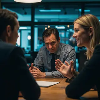 Three coworkers in a meeting: one looking frustrated with fu