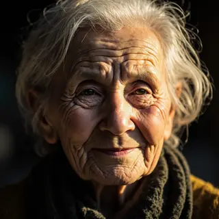 An elderly woman in her 80s with deep wrinkles and white hai
