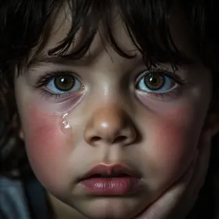 A 5-year-old child with round cheeks and large eyes, crying 