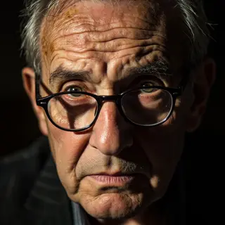 An elderly man in his 70s with age spots and thinning gray h