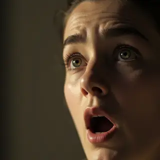 A portrait capturing genuine surprise — raised eyebrows, wid