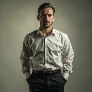 A man standing straight facing the camera, hands in pockets,