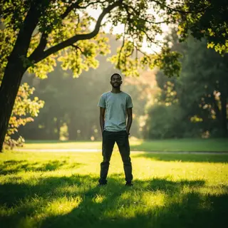 A person standing in a neutral pose in a park, full body vis
