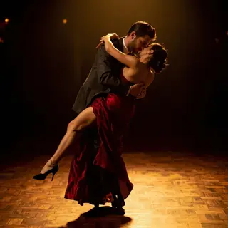 Two tango dancers in a close embrace, the man dipping the wo