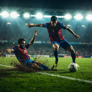 Two soccer players mid-tackle, one sliding and the other jum