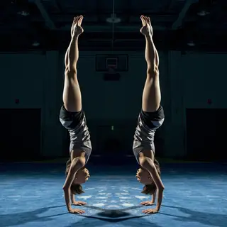 Two gymnasts performing a synchronized handstand, side by si