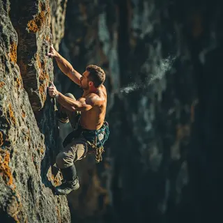 A rock climber clinging to a cliff face with arms and legs e