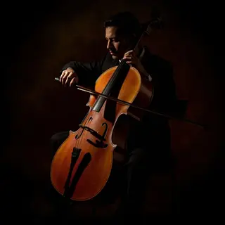 A cellist seated with correct posture, legs around the instr