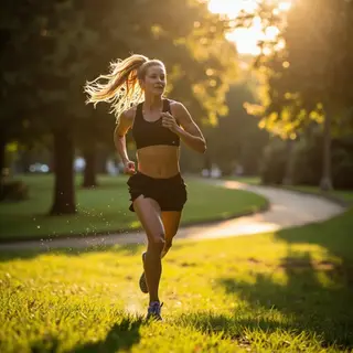 A woman mid-stride running through a park, hair and clothes 