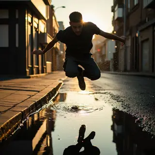A man captured mid-jump over a puddle, body in the air with 