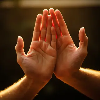 Two people doing a high-five, palms meeting with all fingers