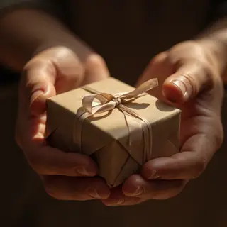 One person handing a small gift box to another person, both 