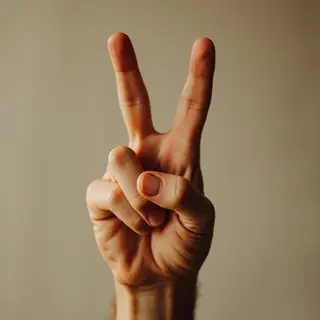 A person making a peace sign with their right hand, clearly 
