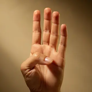 A person counting to three on their fingers, with index, mid