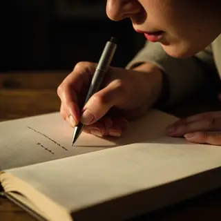 A woman writing in a notebook with a pen gripped correctly i