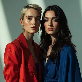 Two women standing side by side: one with short blonde hair 