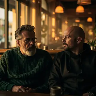 Two men at a cafe: one with a beard and glasses wearing a gr