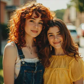 Two friends posing: one tall with curly red hair in denim ov
