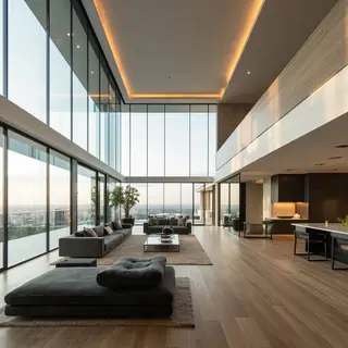 A wide-angle shot of a modern living room interior showing e