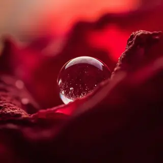 A close-up macro shot of a single dewdrop on a rose petal, s