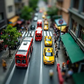 A tilt-shift photograph of a city street making real-life lo