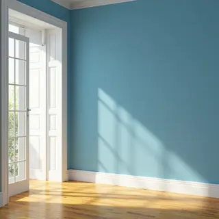 A room with walls in #4A90D9 (medium blue) with warm wooden 