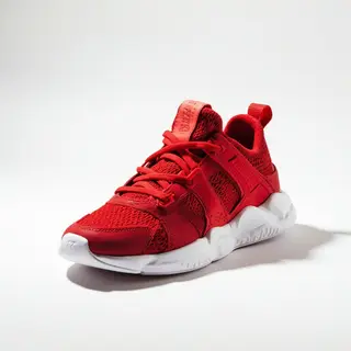 A single red sneaker on a clean white background with soft s