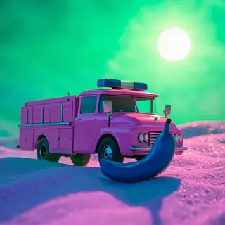 A pink fire truck, a blue banana, and a green sun in a surre