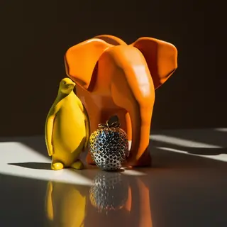 An orange elephant, a yellow penguin, and a silver strawberr