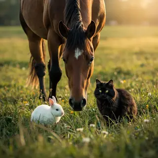 A big brown horse, a small white rabbit, and a medium-sized 