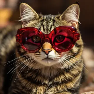 A tabby cat wearing oversized red sunglasses
