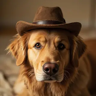 A golden retriever wearing a tiny cowboy hat