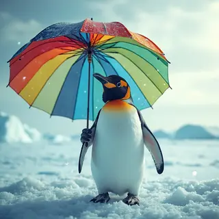 A penguin holding a colorful umbrella