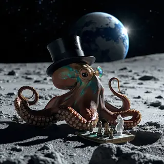 An octopus wearing a top hat and monocle playing chess on th