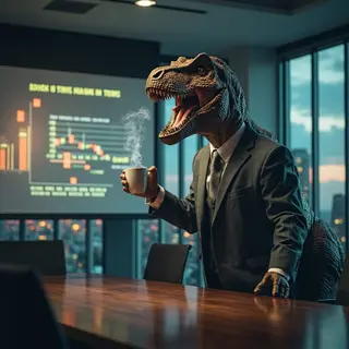 A dinosaur in a business suit giving a PowerPoint presentati