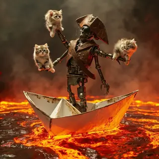 A robot dressed as a pirate sailing a paper boat on a lake o