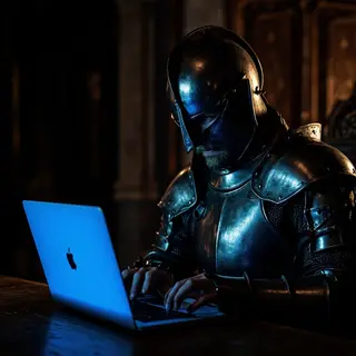 A medieval knight in full armor sitting at a desk typing on 