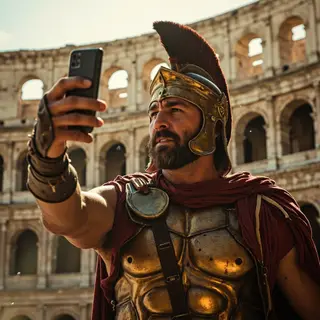 A Roman gladiator taking a selfie with a smartphone in the C
