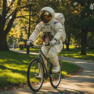 An astronaut in a spacesuit riding a bicycle through a park