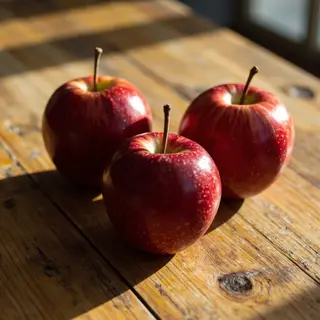 Exactly 3 red apples arranged on a wooden table