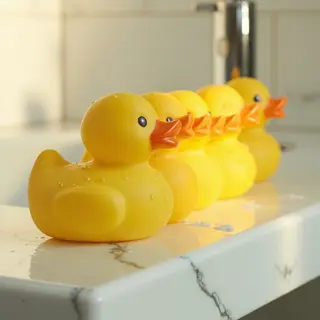 Exactly 5 yellow rubber ducks sitting in a row on a bathroom