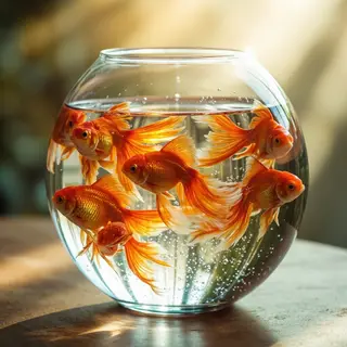 Exactly 9 goldfish swimming in a large round fishbowl