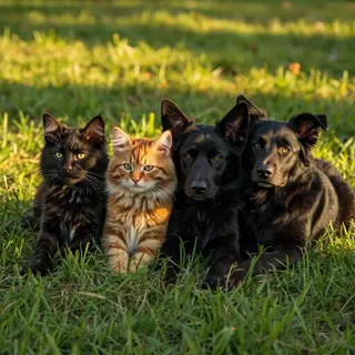 2 orange cats and 3 black dogs sitting together on a grassy 