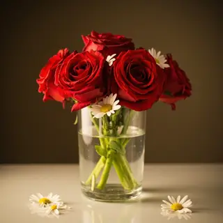 4 red roses and 2 white daisies in a glass vase on a table
