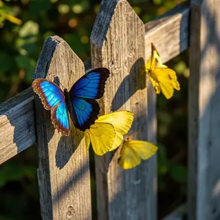 1 blue butterfly and 3 yellow butterflies resting on a garde