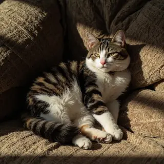 A cat lying on a couch without a collar