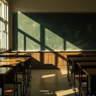 A classroom with desks and a chalkboard but no students