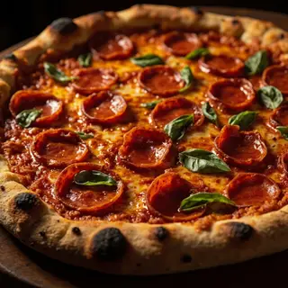 A pepperoni pizza with tomato sauce, basil, and crust but ab